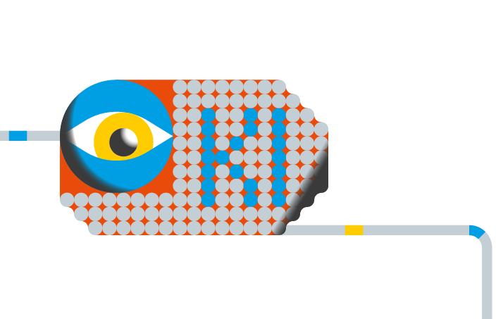 Illustration of pipes with an eye and text 'KI'.
