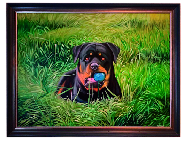 Mein liebster Gegen-stand Dieses Gemälde von meinem ersten  Rottweiler Doni habe ich zum Abschluss meines Studiums von einem Kollegen geschenkt be-kommen.