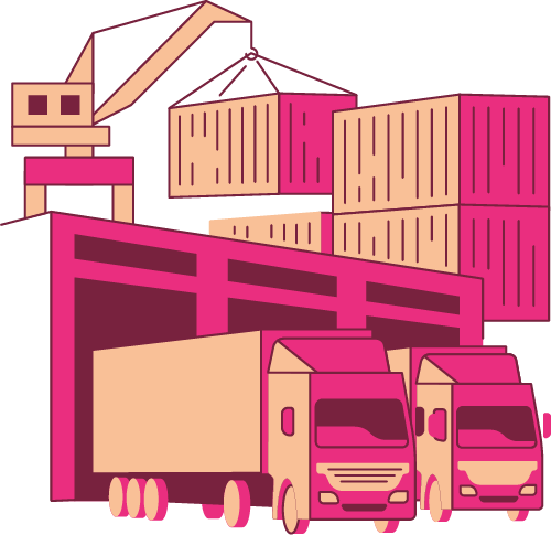 Grafik von zwei LKWs und Containern